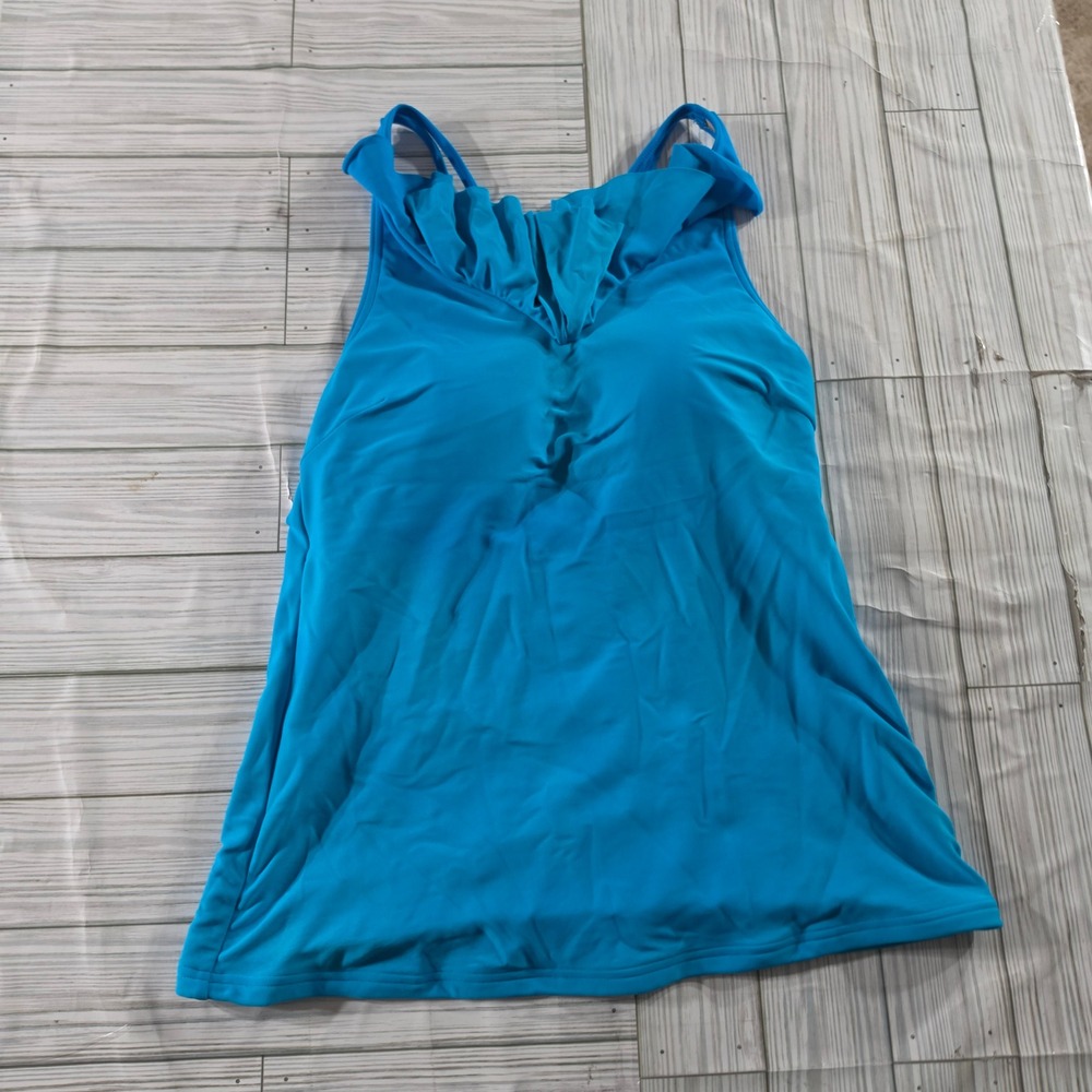 Downeast Basics Bay Breeze Blue Ruffle V-Neck Tankini Swim Top Womens Medium